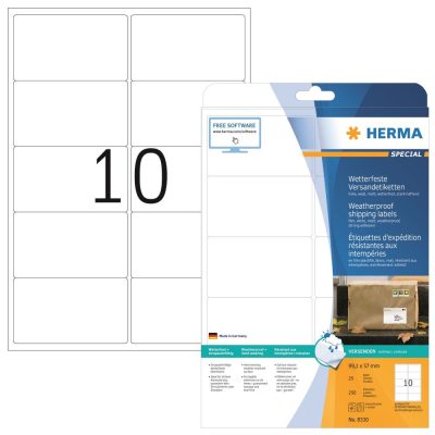 Herma No. 8330 fehér színű 99,1 x 57 mm méretű, lézernyomtatóval nyomtatható, öntapadós időjárásálló etikett címke, extra erős, tartós ragasztóval A4-es íven - kiszerelés: 250 címke / 25 ív
