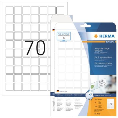 Herma No. 8339 fehér színű 24 x 24 mm méretű, lézernyomtatóval nyomtatható, öntapadós időjárásálló etikett címke, extra erős, tartós ragasztóval A4-es íven - kiszerelés: 1750 címke / 25 ív