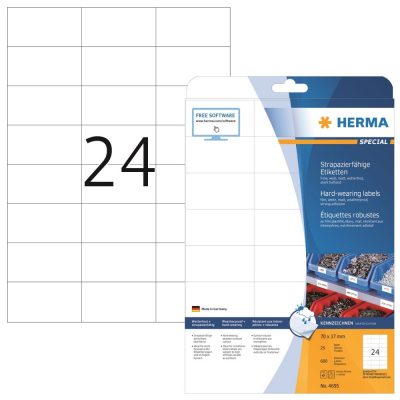 Herma No. 4695 fehér színű 70 x 37 mm méretű, lézernyomtatóval nyomtatható, öntapadós időjárásálló etikett címke, extra erős, tartós ragasztóval A4-es íven - kiszerelés: 600 címke / 25 ív