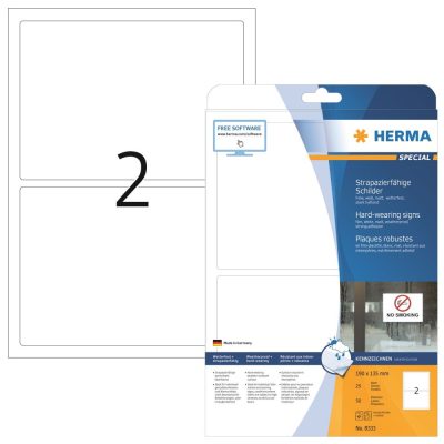 Herma No. 8333 fehér színű 190 x 135 mm méretű, lézernyomtatóval nyomtatható, öntapadós időjárásálló etikett címke, extra erős, tartós ragasztóval A4-es íven - kiszerelés: 50 címke / 25 ív