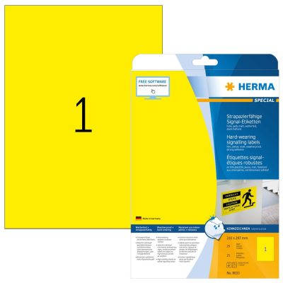 Herma No. 8033 sárga színű 210 x 297 mm méretű, lézernyomtatóval nyomtatható, öntapadós időjárásálló etikett címke, extra erős, tartós ragasztóval A4-es íven - kiszerelés: 25 címke / 25 ív