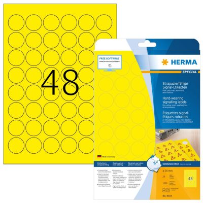 Herma No. 8034 sárga színű 30 mm átmérőjű, lézernyomtatóval nyomtatható, öntapadós időjárásálló etikett címke, extra erős, tartós ragasztóval A4-es íven - kiszerelés: 1200 címke / 25 ív