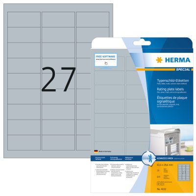 Herma No. 4222 ezüst színű 63,5 x 29,6 mm méretű, lézernyomtatóval nyomtatható, öntapadós ipari etikett címke, extra erős, tartós ragasztóval A4-es íven - kiszerelés: 675 címke / 25 ív