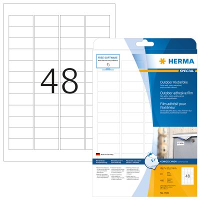 Herma No. 9531 fehér színű 45,7 x 21,2 mm méretű, lézernyomtatóval nyomtatható, öntapadós időjárásálló etikett címke, extra erős, tartós ragasztóval A4-es íven - kiszerelés: 480 címke / 10 ív
