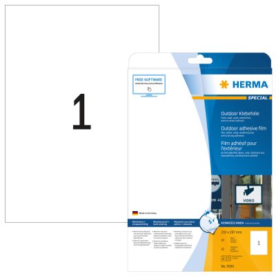 Herma No. 9500 fehér színű 210 x 297 mm méretű, lézernyomtatóval nyomtatható, öntapadós időjárásálló etikett címke, extra erős, tartós ragasztóval A4-es íven - kiszerelés: 10 címke / 10 ív