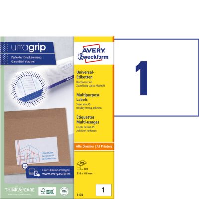 Avery Zweckform No. 6135 fehér színű 210 x 148 mm méretű, univerzálisan nyomtatható, öntapadós etikett címke, permanens ragasztóval A5-ös íven - kiszerelés: 200 címke / 200 ív
