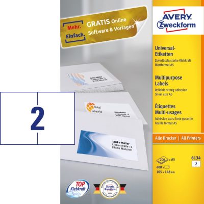 Avery Zweckform No. 6134 fehér színű 105 x 148 mm méretű, univerzálisan nyomtatható, öntapadós etikett címke, permanens ragasztóval A5-ös íven - kiszerelés: 400 címke / 200 ív