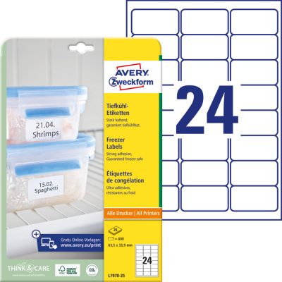 Avery Zweckform No. L7970-25 fehér színű 63,5 x 33,9 mm méretű univerzálisan nyomtatható öntapadós etikett címke, erős tapadású fagyálló ragasztóval A4-es íven - kiszerelés: 600 címke / 25 ív