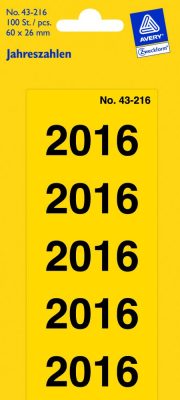 Avery Zweckform No. 43-216 sárga színű 60 x 26 mm méretű, 2016-os évszámmal előre megnyomtatott, öntapadó címke, permanens ragasztóval - kiszerelés: 100 címke / 20 ív