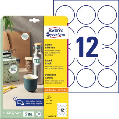 Avery Zweckform No. L7104REV-25 fehér színű 60 mm átmérőjű, kör alakú, univerzálisan nyomtatható, öntapadós etikett címke, visszaszedhető ragasztóval A4-es íven - kiszerelés: 300 címke / 25 ív