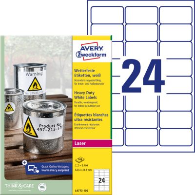 Avery Zweckform No. L4773-100 fehér színű 63,5 x 33,9 mm méretű, lézernyomtatóval nyomtatható, öntapadós időjárásálló etikett címke, erős, tartós ragasztóval A4-es íven - kiszerelés: 2400 címke / 100 ív