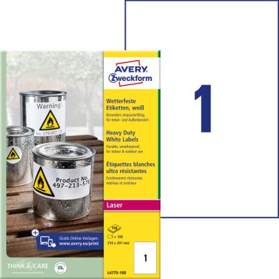 Avery Zweckform No. L4775-100 fehér színű 210 x 297 mm méretű, lézernyomtatóval nyomtatható, öntapadós időjárásálló etikett címke, erős, tartós ragasztóval A4-es íven - kiszerelés: 100 címke / 100 ív