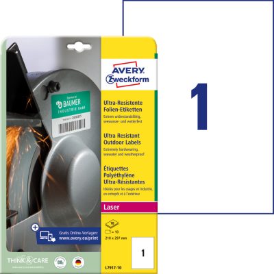 Avery Zweckform No. L7917-10 fehér színű 210 x 297 mm méretű, lézernyomtatóval nyomtatható, ultra ellenálló öntapadós etikett címke, erős, tartós ragasztóval A4-es íven - kiszerelés: 10 címke / 10 ív