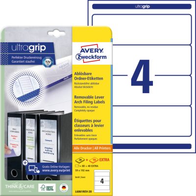 Avery Zweckform No. L6061REV-20 fehér színű 192 x 59 mm méretű, univerzálisan nyomtatható, öntapadós iratrendező címke, visszaszedhető ragasztóval A4-es íven - kiszerelés: 120 címke / 30 ív