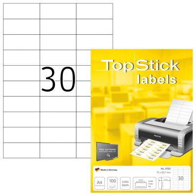 TopStick No. 8703 fehér színű 70 x 29,7 mm méretű, univerzálisan nyomtatható, öntapadós etikett címke, permanens ragasztóval A4-es íven - kiszerelés: 3000 címke / 100 ív