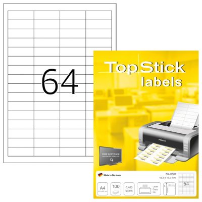 TopStick No. 8730 fehér színű 48,3 x 16,9 mm méretű, univerzálisan nyomtatható, öntapadós etikett címke, permanens ragasztóval A4-es íven - kiszerelés: 6400 címke / 100 ív