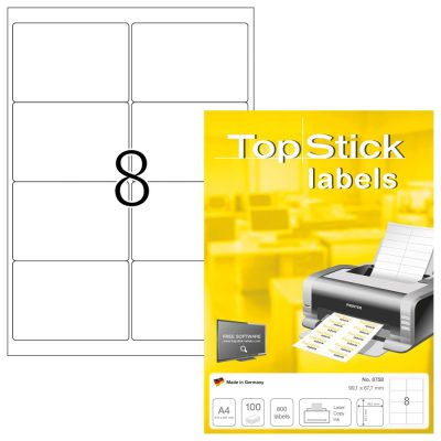 TopStick No. 8758 fehér színű 99,1 x 67,7 mm méretű, univerzálisan nyomtatható, öntapadós etikett címke, permanens ragasztóval A4-es íven - kiszerelés: 800 címke / 100 ív