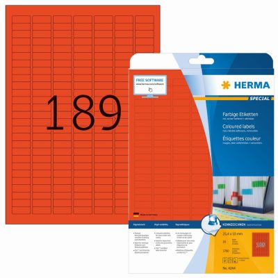 Herma No. 4244 piros színű 25,4 x 10 mm méretű, univerzálisan nyomtatható, matt felületű öntapadós etikett címke, visszaszedhető ragasztóval A4-es íven - kiszerelés: 3780 címke / 20 ív