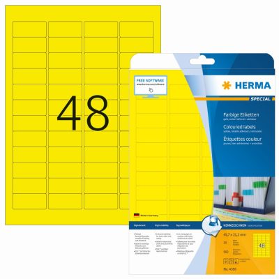 Herma No. 4366 sárga színű 45,7 x 21,2 mm méretű, univerzálisan nyomtatható, matt felületű öntapadós etikett címke, visszaszedhető ragasztóval A4-es íven - kiszerelés: 960 címke / 20 ív