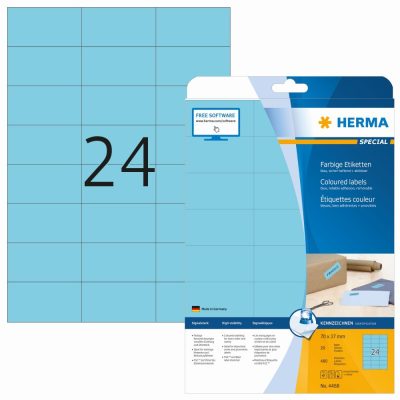 Herma No. 4468 kék színű 70 x 37 mm méretű, univerzálisan nyomtatható, matt felületű öntapadós etikett címke, visszaszedhető ragasztóval A4-es íven - kiszerelés: 480 címke / 20 ív