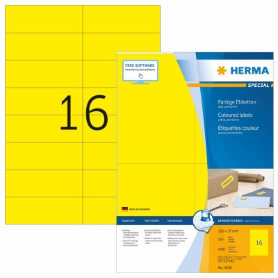 Herma No. 4256 sárga színű 105 x 37 mm méretű, univerzálisan nyomtatható, matt felületű öntapadós etikett címke, permanens ragasztóval A4-es íven - kiszerelés: 1600 címke / 100 ív