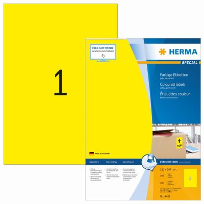 Herma No. 4401 sárga színű 210 x 297 mm méretű, univerzálisan nyomtatható, matt felületű öntapadós etikett címke, permanens ragasztóval A4-es íven - kiszerelés: 100 címke / 100 ív