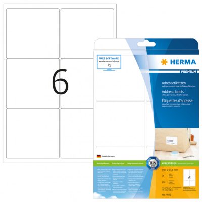 Herma No. 4502 fehér színű 99,1 x 93,1 mm méretű, univerzálisan nyomtatható, öntapadós etikett címke, permanens ragasztóval A4-es íven - kiszerelés: 150 címke / 25 ív