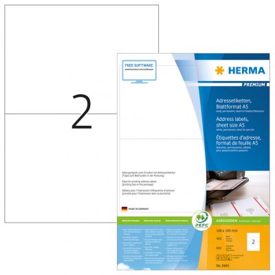 Herma No. 8691 fehér színű 105 x 148 mm méretű, univerzálisan nyomtatható, öntapadós etikett címke, permanens ragasztóval A5-ös íven - kiszerelés: 800 címke / 400 ív