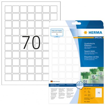 Herma No. 10105 fehér színű 24 x 24 mm méretű, univerzálisan nyomtatható, négyzet alakú öntapadós etikett címke, visszaszedhető ragasztóval A4-es íven - kiszerelés: 1750 címke / 25 ív