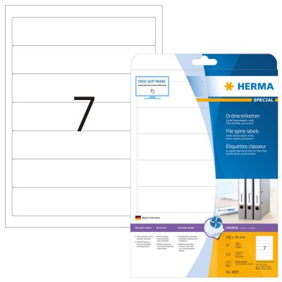Herma No. 4825 tintasugaras 192 x 38 mm méretű, fehér öntapadó iratrendező címke A4-es íven - 175 iratrendező címke / csomag - 25 ív / csomag (Herma 4825)