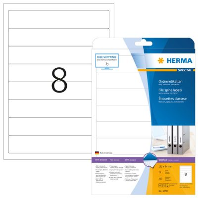 Herma No. 5160 univerzális 192 x 34 mm méretű, fehér öntapadó iratrendező címke A4-es íven - 200 iratrendező címke / csomag - 25 ív / csomag (Herma 5160)
