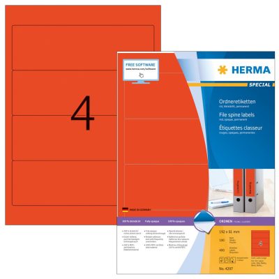 Herma No. 4297 univerzális 192 x 61 mm méretű, piros öntapadó iratrendező címke A4-es íven - 400 iratrendező címke / doboz - 100 ív / doboz (Herma 4297)