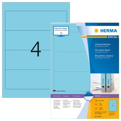 Herma No. 4298 univerzális 192 x 61 mm méretű, kék öntapadó iratrendező címke A4-es íven - 400 iratrendező címke / doboz - 100 ív / doboz (Herma 4298)