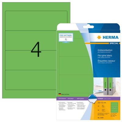 Herma No. 5099 univerzális 192 x 61 mm méretű, zöld öntapadó iratrendező címke A4-es íven - 80 iratrendező címke / csomag - 20 ív / csomag (Herma 5099)