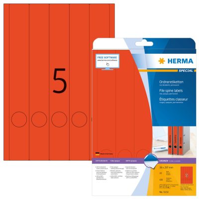Herma No. 5132 univerzális 38 x 297 mm méretű, piros öntapadó iratrendező címke A4-es íven - 100 iratrendező címke / csomag - 20 ív / csomag (Herma 5132)