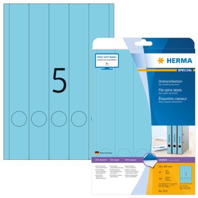 Herma No. 5133 univerzális 38 x 297 mm méretű, kék öntapadó iratrendező címke A4-es íven - 100 iratrendező címke / csomag - 20 ív / csomag (Herma 5133)