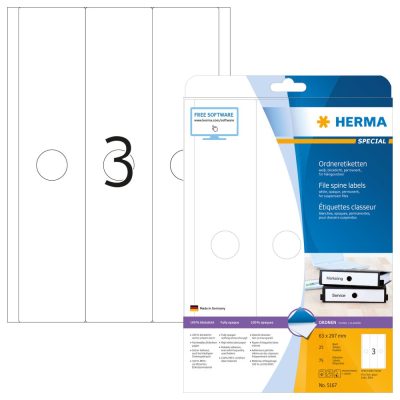 Herma No. 5167 univerzális 63 x 297 mm méretű, fehér öntapadó függőmappa címke A4-es íven - 75 függőmappa címke / csomag - 25 ív / csomag (Herma 5167)