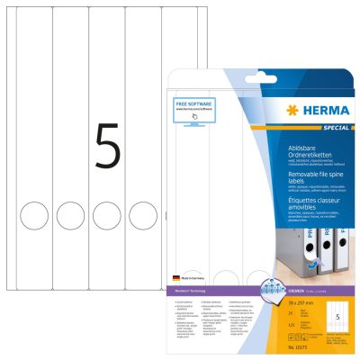 Herma No. 10175 univerzális 38 x 297 mm méretű, visszaszedhető fehér öntapadó iratrendező címke A4-es íven - 125 iratrendező címke / csomag - 25 ív / csomag (Herma 10175)