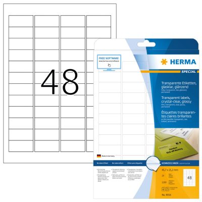Herma No. 8016 víztiszta átlátszó 45,7 x 21,2 mm méretű, lézernyomtatóval nyomtatható, fényes felületű öntapadós etikett címke, permanens ragasztóval A4-es íven - kiszerelés: 1200 címke / 25 ív