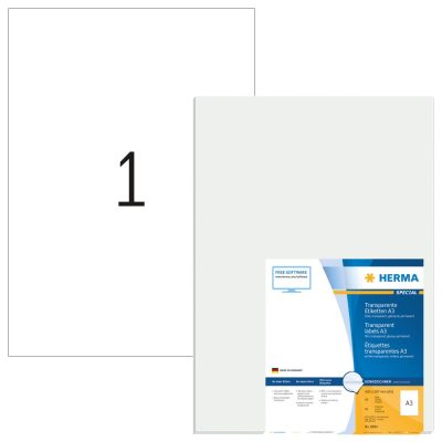 Herma No. 8694 víztiszta átlátszó 420 x 297 mm méretű, lézernyomtatóval nyomtatható, fényes felületű öntapadós etikett címke, permanens ragasztóval A3-as íven - kiszerelés: 50 címke / 50 ív