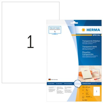 Herma No. 8964 tintasugaras 210 x 297 mm méretű, víztiszta, átlátszó öntapadó etikett címke A4-es íven - 10 etikett címke / csomag - 10 ív / csomag (Herma 8964)