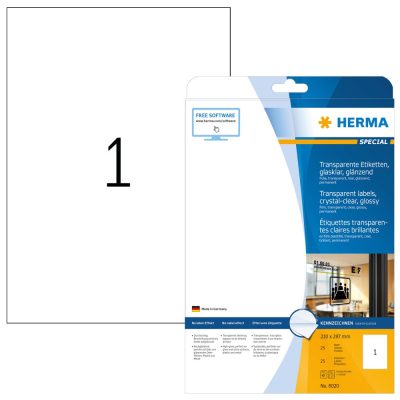 Herma No. 8020 víztiszta átlátszó 210 x 297 mm méretű, lézernyomtatóval nyomtatható, fényes felületű öntapadós etikett címke, permanens ragasztóval A4-es íven - kiszerelés: 25 címke / 25 ív