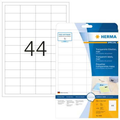 Herma No. 4680 átlátszó 48,3 x 25,4 mm méretű, lézernyomtatóval nyomtatható, matt felületű öntapadós etikett címke, permanens ragasztóval A4-es íven - kiszerelés: 1100 címke / 25 ív
