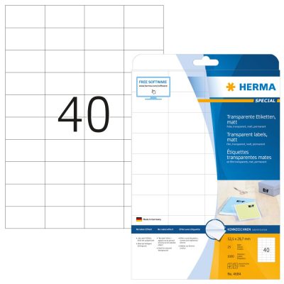Herma No. 4684 átlátszó 52,5 x 29,7 mm méretű, lézernyomtatóval nyomtatható, matt felületű öntapadós etikett címke, permanens ragasztóval A4-es íven - kiszerelés: 1000 címke / 25 ív