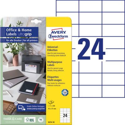 Avery Zweckform No. 3474-10 fehér színű 70 x 37 mm méretű, univerzálisan nyomtatható, öntapadós etikett címke, permanens ragasztóval A4-es íven - kiszerelés: 240 címke / 10 ív
