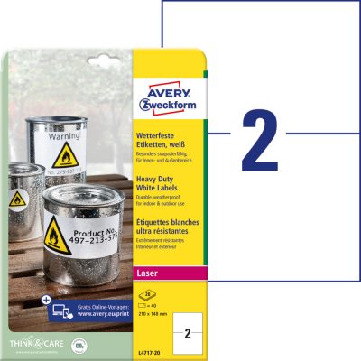 Avery Zweckform No. L4717-20 fehér színű 210 x 148 mm méretű, lézernyomtatóval nyomtatható, öntapadós időjárásálló etikett címke, erős, tartós ragasztóval A4-es íven - kiszerelés: 40 címke / 20 ív