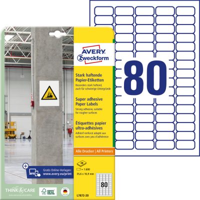 Avery Zweckform No. L7872-20 univerzális 35,6 x 16,9 mm méretű, fehér öntapadó etikett címke extra erős ragasztóval A4-es íven - 1600 címke / csomag - 20 ív / csomag (Avery L7872-20)