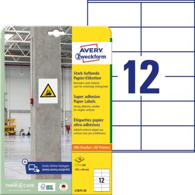 Avery Zweckform No. L7875-20 univerzális 105 x 48 mm méretű, fehér öntapadó etikett címke extra erős ragasztóval A4-es íven - 240 címke / csomag - 20 ív / csomag (Avery L7875-20)