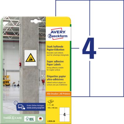 Avery Zweckform No. L7876-20 univerzális 105 x 148 mm méretű, fehér öntapadó etikett címke extra erős ragasztóval A4-es íven - 80 címke / csomag - 20 ív / csomag (Avery L7876-20)