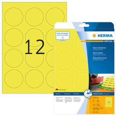 Herma No. 5152 univerzális 60 mm átmérőjű, neonsárga színű öntapadó etikett címke A4-es íven - 240 etikett címke / csomag - 20 ív / csomag (Herma 5152)
